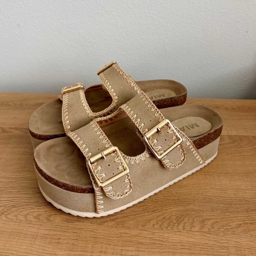 MIA Women Tan Whipstitch Double Buckle Platform Slide Sandals Size 7.5
